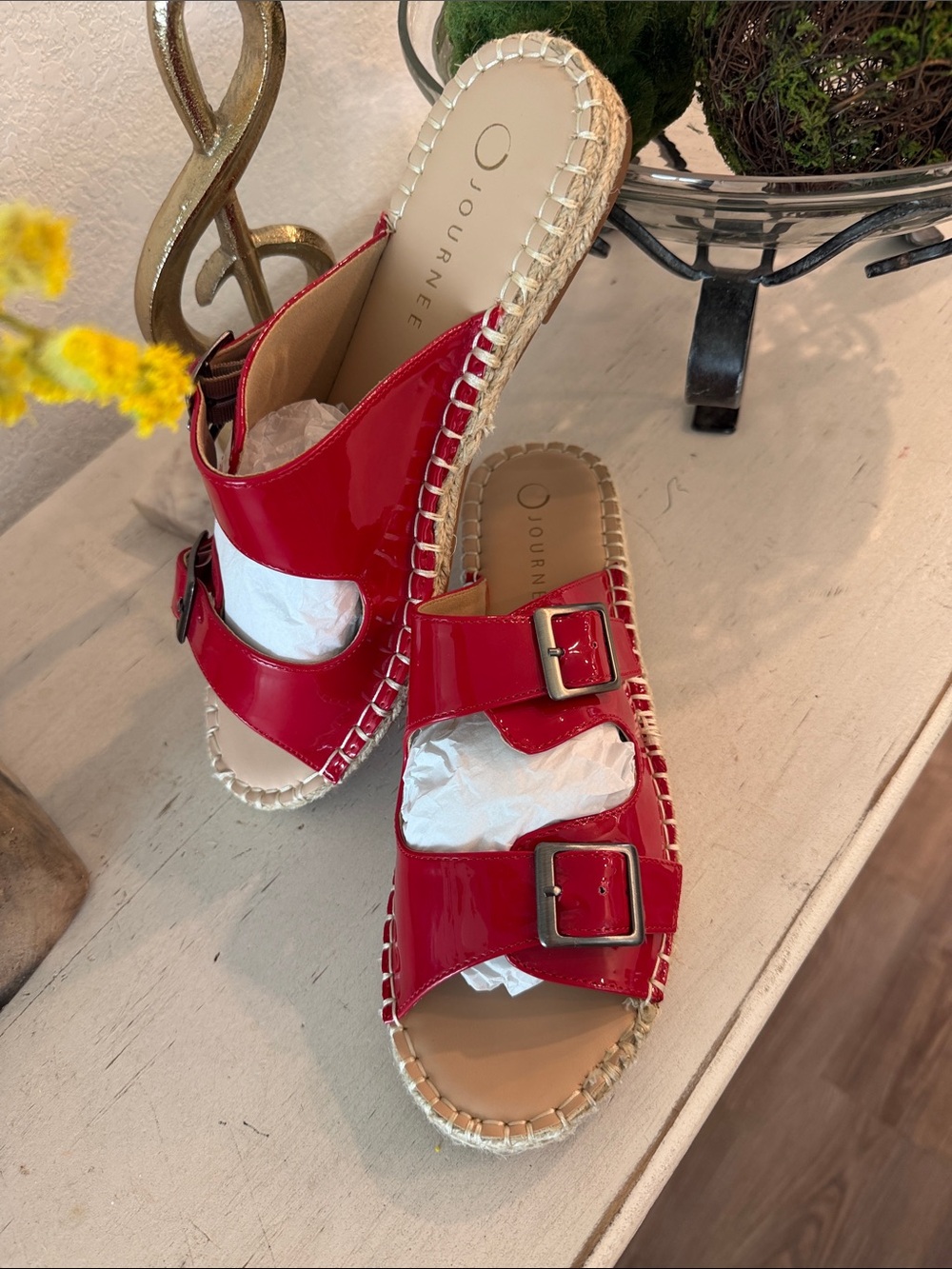 Journee Collection Red Patent Double Buckle Espadrille Slide Sandals NWT